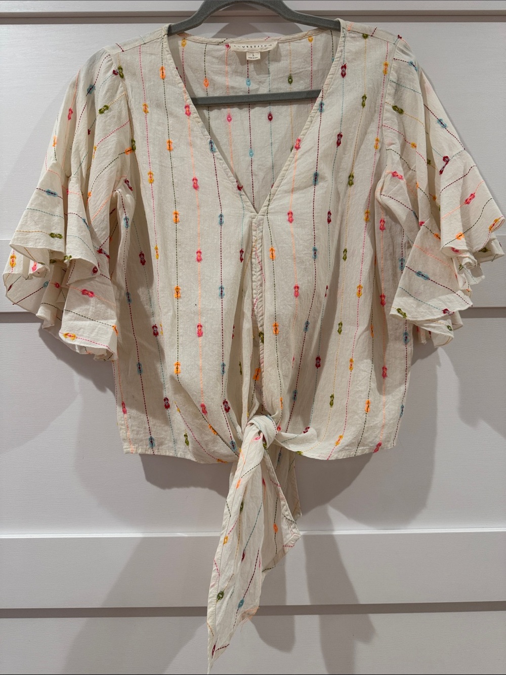lovestitch Cream Tie-Front Blouse with Multicolor Embroidery